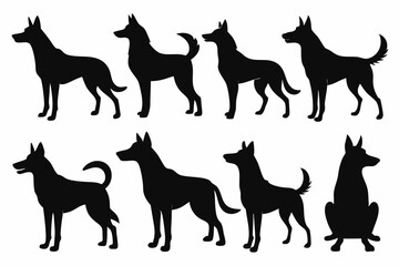 isolated black silhouette of a dog collection, Set of dog silhouette vector. Dogs and puppies in different breed, corgi, golden retriever, poses, sitting, standing, jump