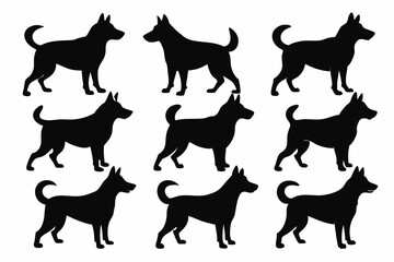 isolated black silhouette of a dog collection, Set of dog silhouette vector. Dogs and puppies in different breed, corgi, golden retriever, poses, sitting, standing, jump