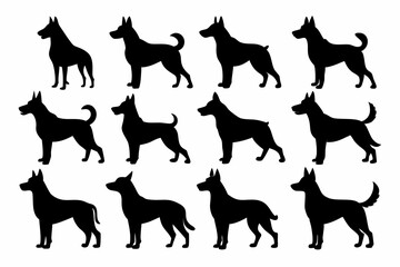 isolated black silhouette of a dog collection, Set of dog silhouette vector. Dogs and puppies in different breed, corgi, golden retriever, poses, sitting, standing, jump