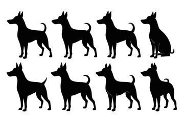 isolated black silhouette of a dog collection, Set of dog silhouette vector. Dogs and puppies in different breed, corgi, golden retriever, poses, sitting, standing, jump