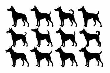isolated black silhouette of a dog collection, Set of dog silhouette vector. Dogs and puppies in different breed, corgi, golden retriever, poses, sitting, standing, jump