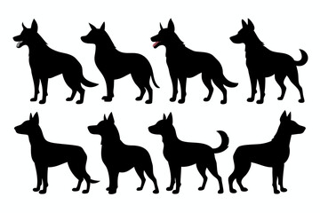 isolated black silhouette of a dog collection, Set of dog silhouette vector. Dogs and puppies in different breed, corgi, golden retriever, poses, sitting, standing, jump