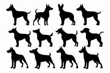 isolated black silhouette of a dog collection, Set of dog silhouette vector. Dogs and puppies in different breed, corgi, golden retriever, poses, sitting, standing, jump