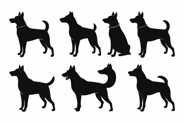 isolated black silhouette of a dog collection, Set of dog silhouette vector. Dogs and puppies in different breed, corgi, golden retriever, poses, sitting, standing, jump