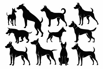 isolated black silhouette of a dog collection, Set of dog silhouette vector. Dogs and puppies in different breed, corgi, golden retriever, poses, sitting, standing, jump