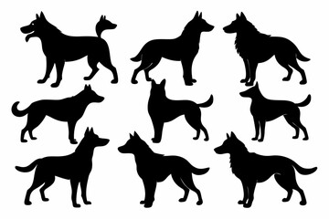 isolated black silhouette of a dog collection, Set of dog silhouette vector. Dogs and puppies in different breed, corgi, golden retriever, poses, sitting, standing, jump