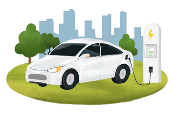 Png electric car environment illustration, transparent background