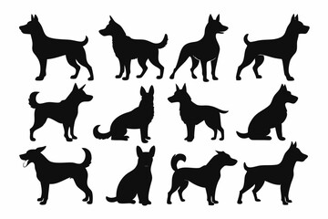 isolated black silhouette of a dog collection, Set of dog silhouette vector. Dogs and puppies in different breed, corgi, golden retriever, poses, sitting, standing, jump