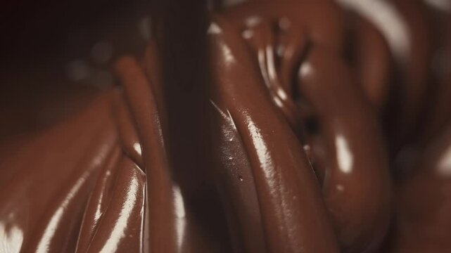 Melted chocolate nut nougat pours from above forming a beautiful pattern. Chocolate dessert close-up.