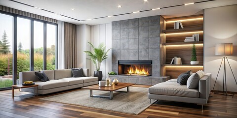 Fototapeta premium Modern living room featuring a cozy fireplace with sleek design and minimalist decor, modern, living room, fireplace, cozy
