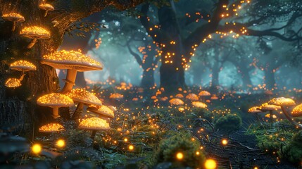 Create an ethereal forest with glowing mushrooms and a large area for copy space