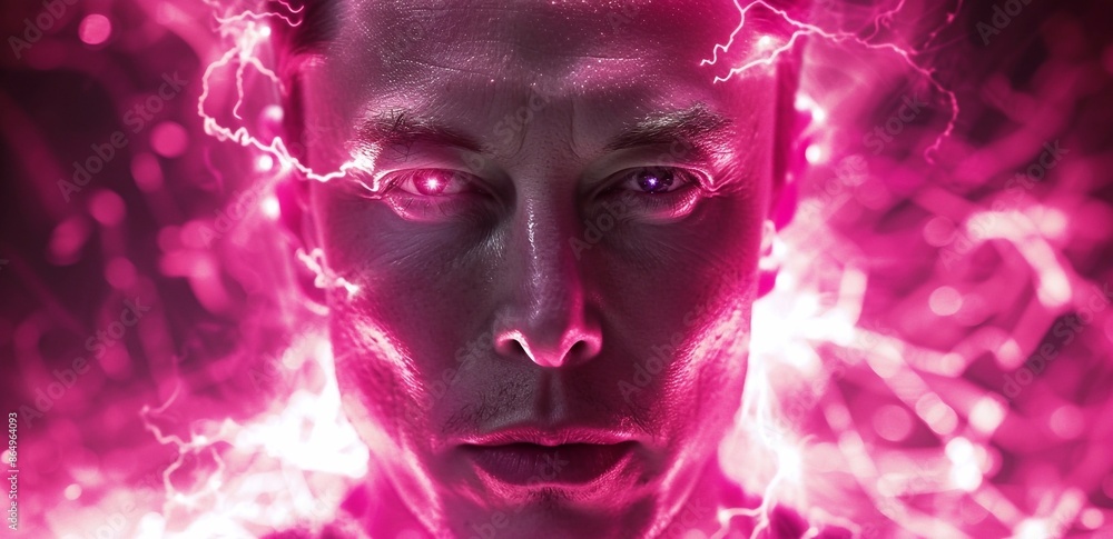 Poster close-up portrait of a cyborg man in red light. biological human robot with wires implanted in the h