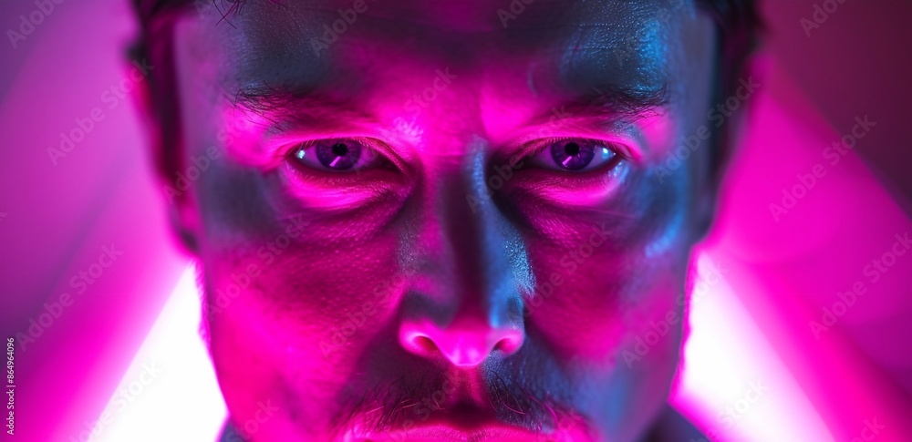 Poster close-up portrait of a cyborg man in red light. biological human robot with wires implanted in the h