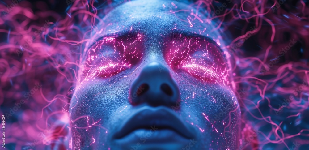 Poster close-up portrait of a cyborg man in red light. biological human robot with wires implanted in the h