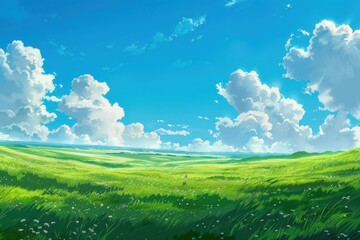 Fototapeta premium Stunning digital art of a vast green field with white clouds and blue sky. Concept of nature, tranquility, peace, and beauty.