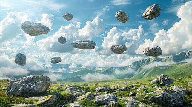 Design a surreal landscape with floating rocks and a large area for text