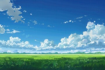 Fototapeta premium Beautiful blue sky with fluffy white clouds over lush green grass field. Calm, relaxing nature scene for peaceful backgrounds or wallpapers.