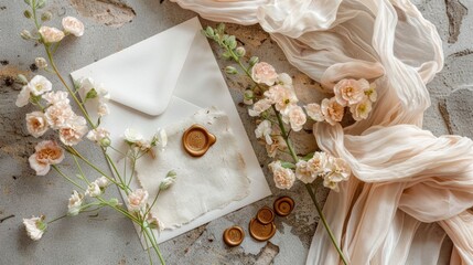 Elegant wedding invitation set with envelope, wax seal stamp, silk ribbon, and delicate flowers on a stone surface, flat lay, top view, soft natural light