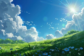 Obraz premium Sunny Day in a Green Meadow with Blue Sky and White Clouds. Peaceful Landscape Illustration