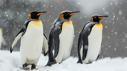 King Penguins Walk Together in the Snow Field 