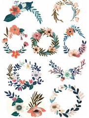 Obraz premium A collection of twelve beautiful floral wreaths in various styles, perfect for wedding invitations, party decorations, and festive celebrations. Generative AI