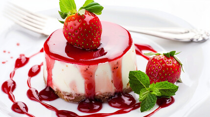 White Chocolate Cheese Cake with Strawberries Sauce, Delicious Gourmet Dessert on White Background. Tempting Slice of Homemade Pastry, Creamy Indulgence for Sweet Treats.
