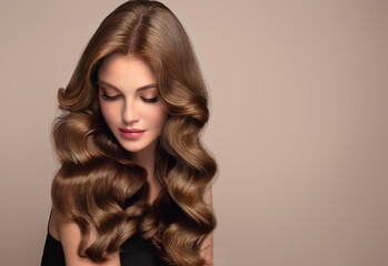 Naklejka premium Beautiful model girl with long curly red hair . Smiling woman hairstyle wavy curls . Fashion , beauty and makeup portrait. Treatment, care and spa procedures.