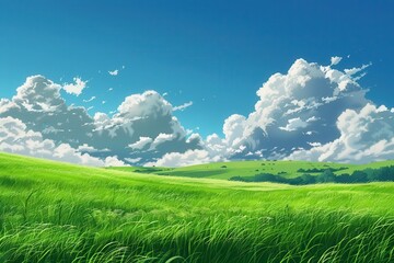 Obraz premium Scenic view of green meadow and fluffy white clouds against a bright blue sky. Peaceful, idyllic summer landscape. Perfect for backgrounds and nature-themed designs.