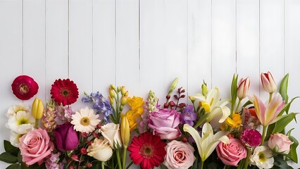 Colorful bouquet of spring flowers on white wooden background top view