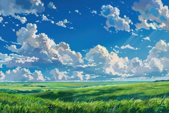 Beautiful green field with rolling hills and bright blue sky with white fluffy clouds. Digital art illustration for nature, landscape, and environmental concepts