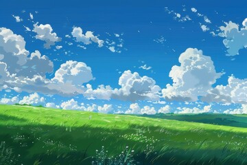 Fototapeta premium Beautiful digital art of a green field with blue sky and fluffy white clouds. Landscape illustration with vibrant colors and tranquil atmosphere.