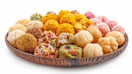 Wooden plate brimming with a colorful and diverse selection of traditional indian sweets
