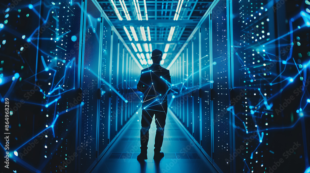 Poster businessman with virtual cyber security technology and online data protection for security of data s