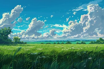 Obraz premium Peaceful Green Field with Blue Sky and Fluffy White Clouds