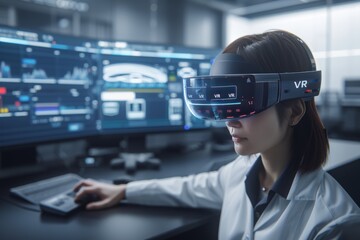 Woman using VR headset in a high-tech control room, highlighting advanced virtual reality technology for productivity and immersive digital experiences.