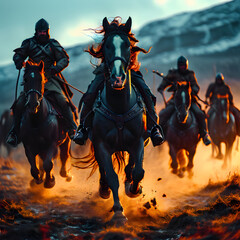 Fototapeta premium In an epic cinematic shot, horses gallop across a battlefield, their powerful hooves creating tremors that resonate through the ground