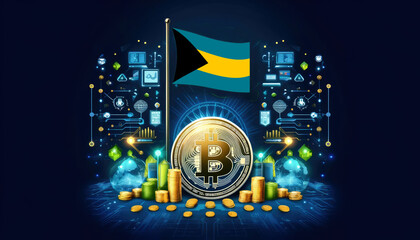 Bitcoin, the Bahamas flag, and global elements highlight the international impact and growing significance of cryptocurrency