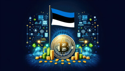 Bitcoin, the Estonia flag, and global elements highlight the international impact and growing significance of cryptocurrency