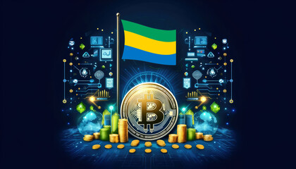 Bitcoin, the Gabon flag, and global elements highlight the international impact and growing significance of cryptocurrency
