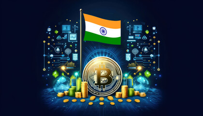 Obraz premium Bitcoin, the India flag, and global elements highlight the international impact and growing significance of cryptocurrency