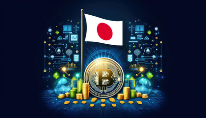 Bitcoin, the Japan flag, and global elements highlight the international impact and growing significance of cryptocurrency