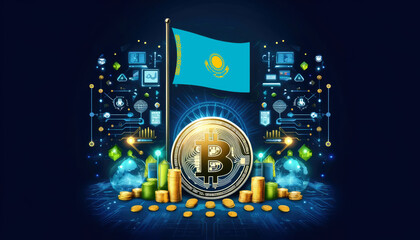 Obraz premium Bitcoin, the Kazakhstan flag, and global elements highlight the international impact and growing significance of cryptocurrency