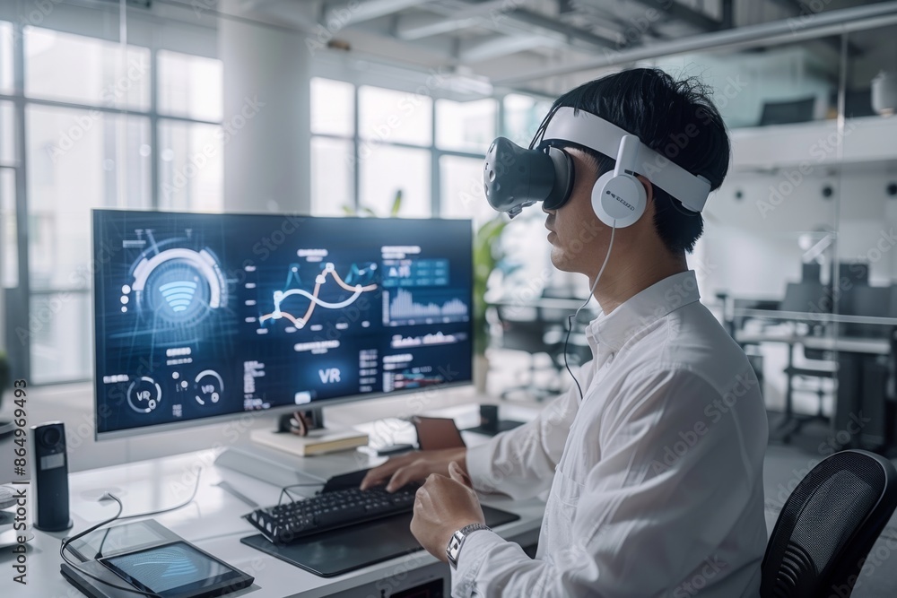 Poster professional using vr technology in a modern office, highlighting advanced virtual reality capabilit