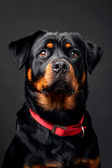 Obraz premium A strong and confident Rottweiler wearing a red collar, posing against a dark background, exuding power and loyalty with its steadfast and vigilant presence.