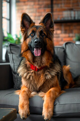 A playful German Shepherd wearing a red collar, relaxing comfortably on a couch in a cozy indoor setting, radiating joy and a sense of security and contentment.