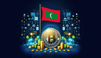 Fototapeta premium Bitcoin, the Maldive flag, and global elements highlight the international impact and growing significance of cryptocurrency
