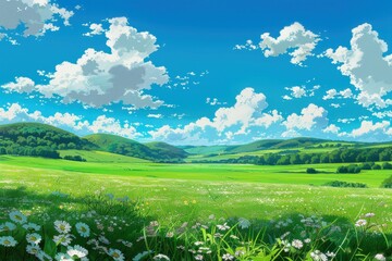 Grass Field landscape with blue sky and white cloud. Blue sky clouds sunny day wallpaper. Cartoon illustration of a Grass Field with blue sky in Summer. green field in a day.