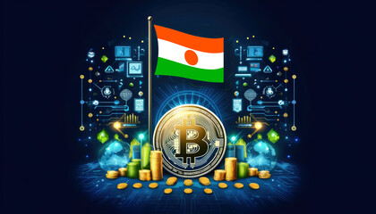 Obraz premium Bitcoin, the Niger flag, and global elements highlight the international impact and growing significance of cryptocurrency