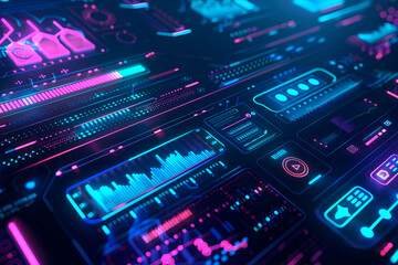 Obraz premium A futuristic dashboard interface featuring neon blue and pink hues, filled with graphs, controls, and data displays, epitomizing advanced technology and modern data visualization.