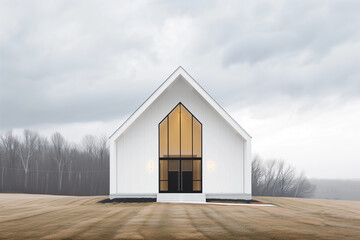 Obraz premium clean and minimalistic photo of a modern small town chapel with sleek lines, large windows, and a minimalist design. The white background allows the contemporary architecture to st
